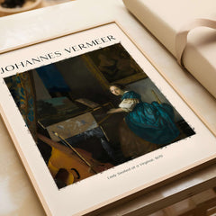 Johannes Vermeer Lady Seated at a Virginal 1670 Dutch Golden Age Art Print displayed in a modern frame.