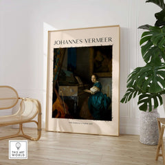 Johannes Vermeer Lady Seated at a Virginal 1670 Dutch Golden Age Art Print displayed in a modern interior setting.