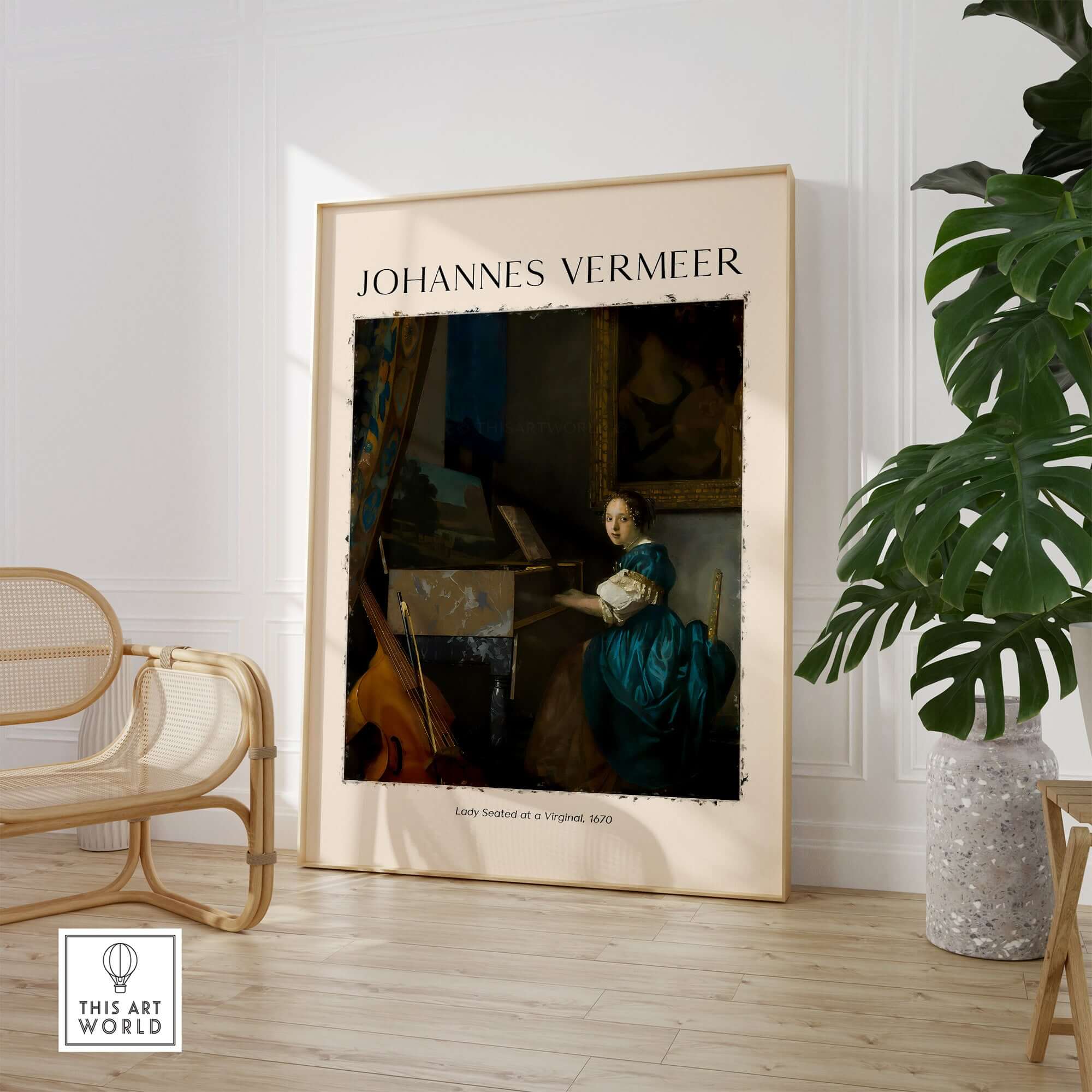 Johannes Vermeer Lady Seated at a Virginal 1670 Dutch Golden Age Art Print displayed in a modern interior setting.