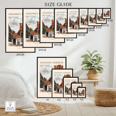 Size guide for Johannes Vermeer The Little Street 1657 Delft Scene Dutch Golden Age Art Print, showing available frame sizes.