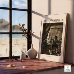 Johannes Vermeer The Art of Painting 1666 Allegory Dutch Masterpiece Art Print displayed in a sunny room with beach view.