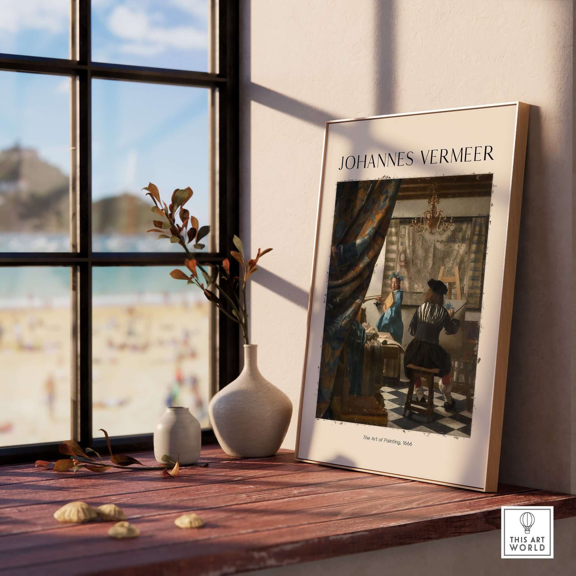 Johannes Vermeer The Art of Painting 1666 Allegory Dutch Masterpiece Art Print displayed in a sunny room with beach view.