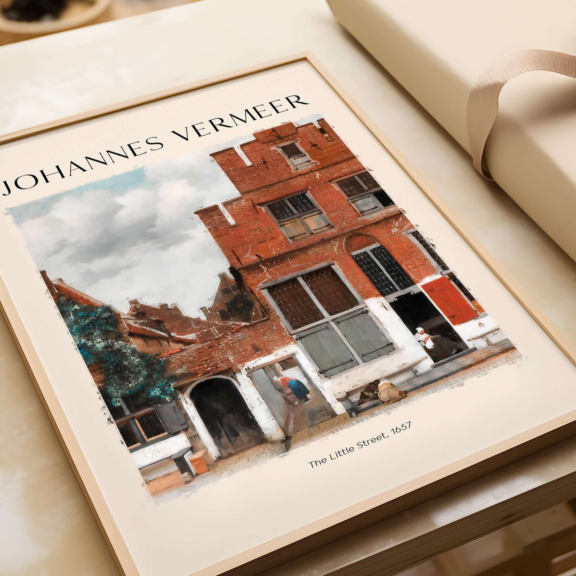 Johannes Vermeer The Little Street 1657 Delft Scene Dutch Golden Age Art Print displayed in a modern frame on a table.