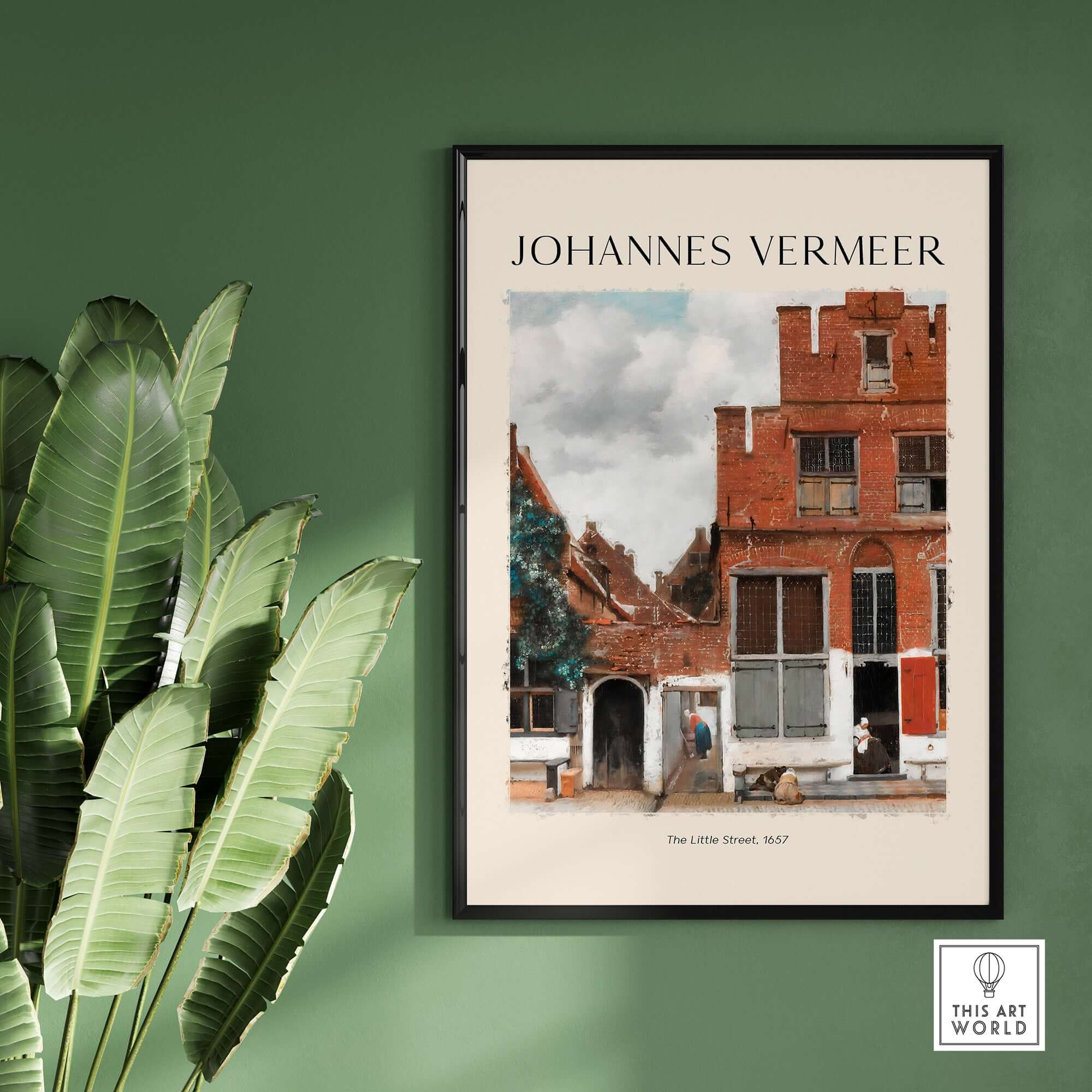 Johannes Vermeer The Little Street 1657 Delft Scene Dutch Golden Age Art Print framed on green wall with plants.