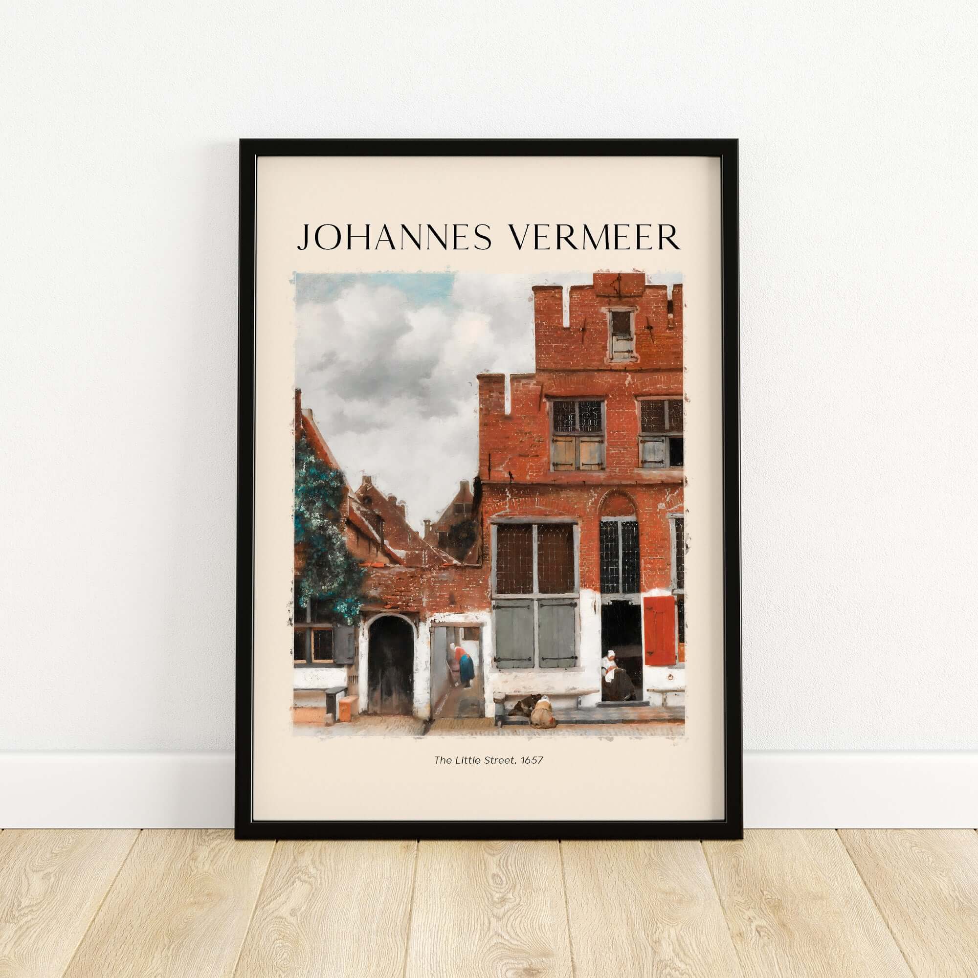 Johannes Vermeer The Little Street 1657 Delft Scene Dutch Golden Age Art Print framed on a wall with wooden floor.