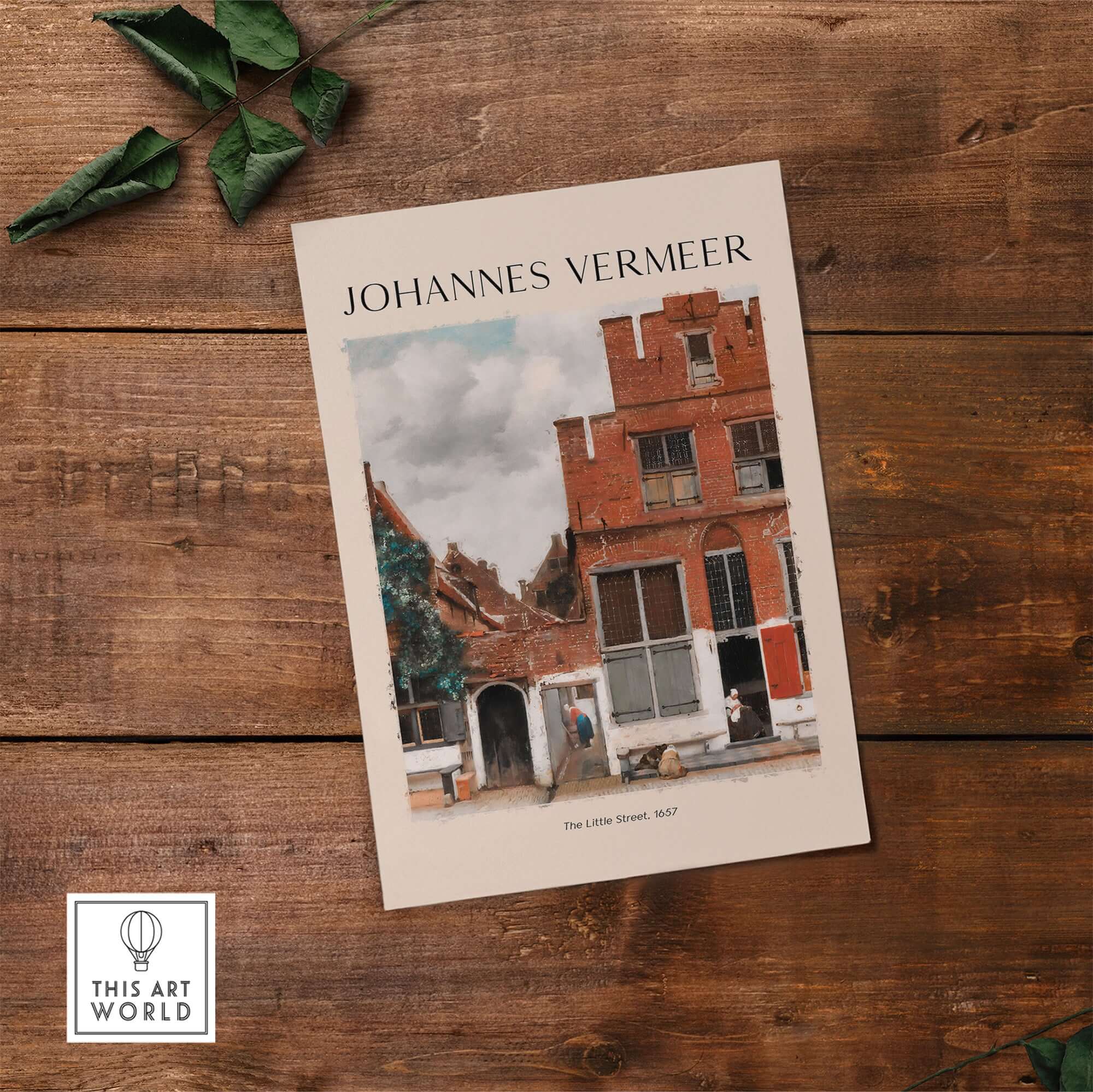 Johannes Vermeer The Little Street 1657 Delft Scene Dutch Golden Age Art Print on wooden table.