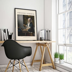 Johannes Vermeer Woman Holding a Balance 1662 Dutch Baroque Art Print Poster displayed on a wall in a modern workspace.
