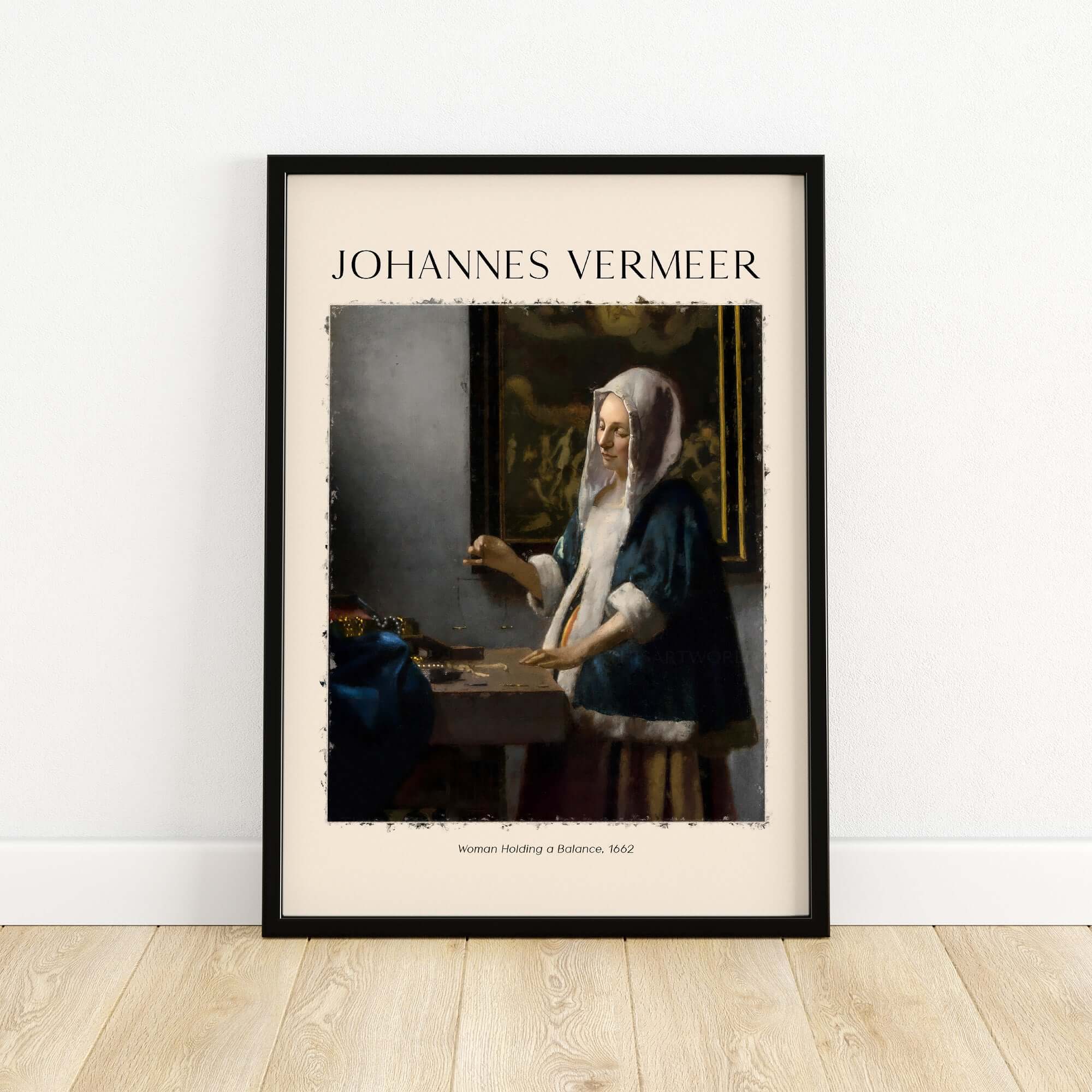 Johannes Vermeer Woman Holding a Balance 1662 Dutch Baroque Art Print Poster framed and displayed on a wall.