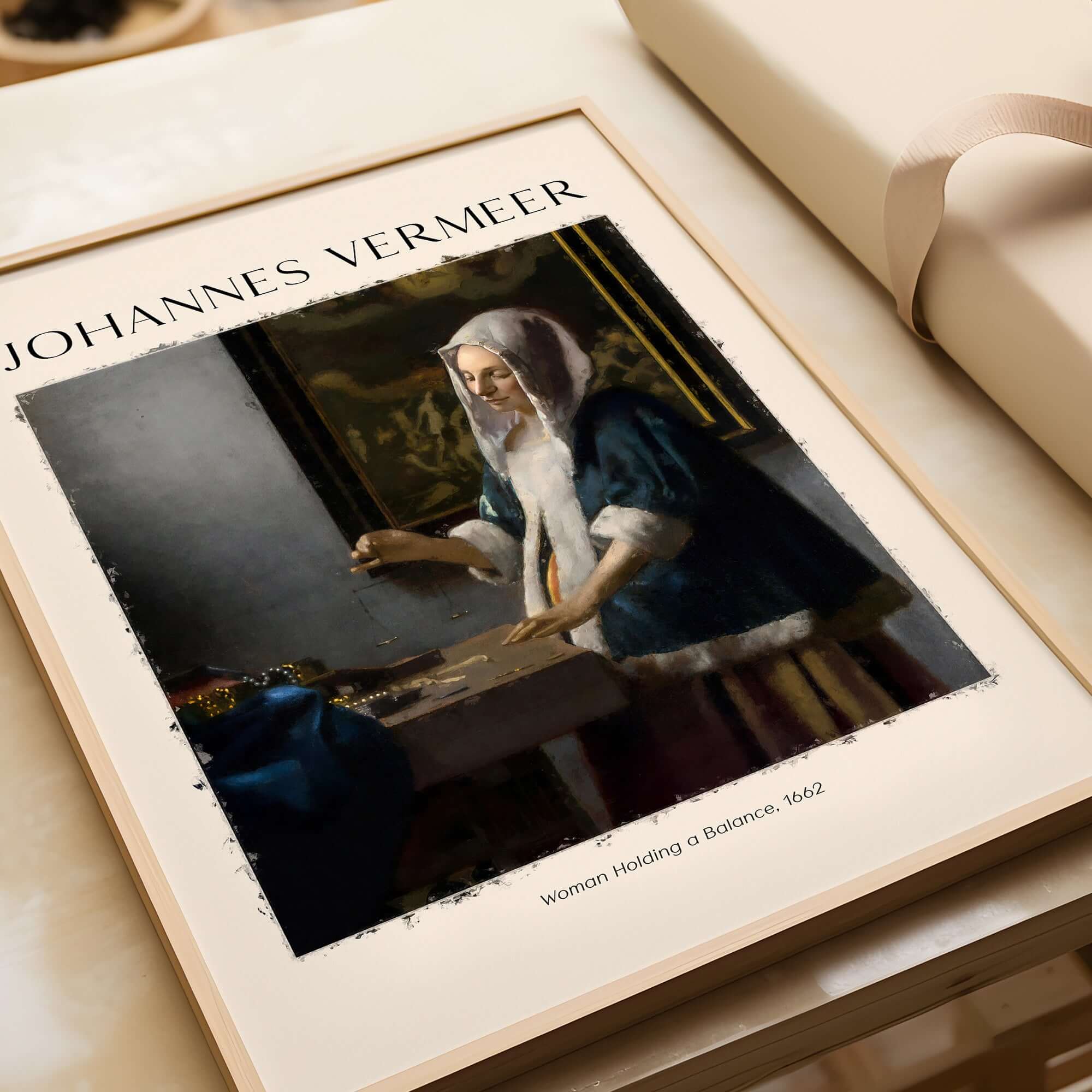Johannes Vermeer Woman Holding a Balance 1662 Dutch Baroque Art Print Poster displayed in a tasteful frame.