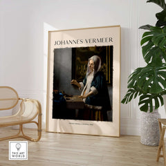 Johannes Vermeer Woman Holding a Balance 1662 Dutch Baroque Art Print Poster displayed in a stylish interior setting.