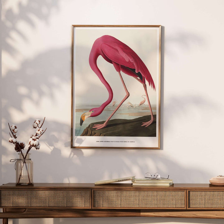 Vibrant pink flamingo art print by John James Audubon displayed on wall above wooden console table.