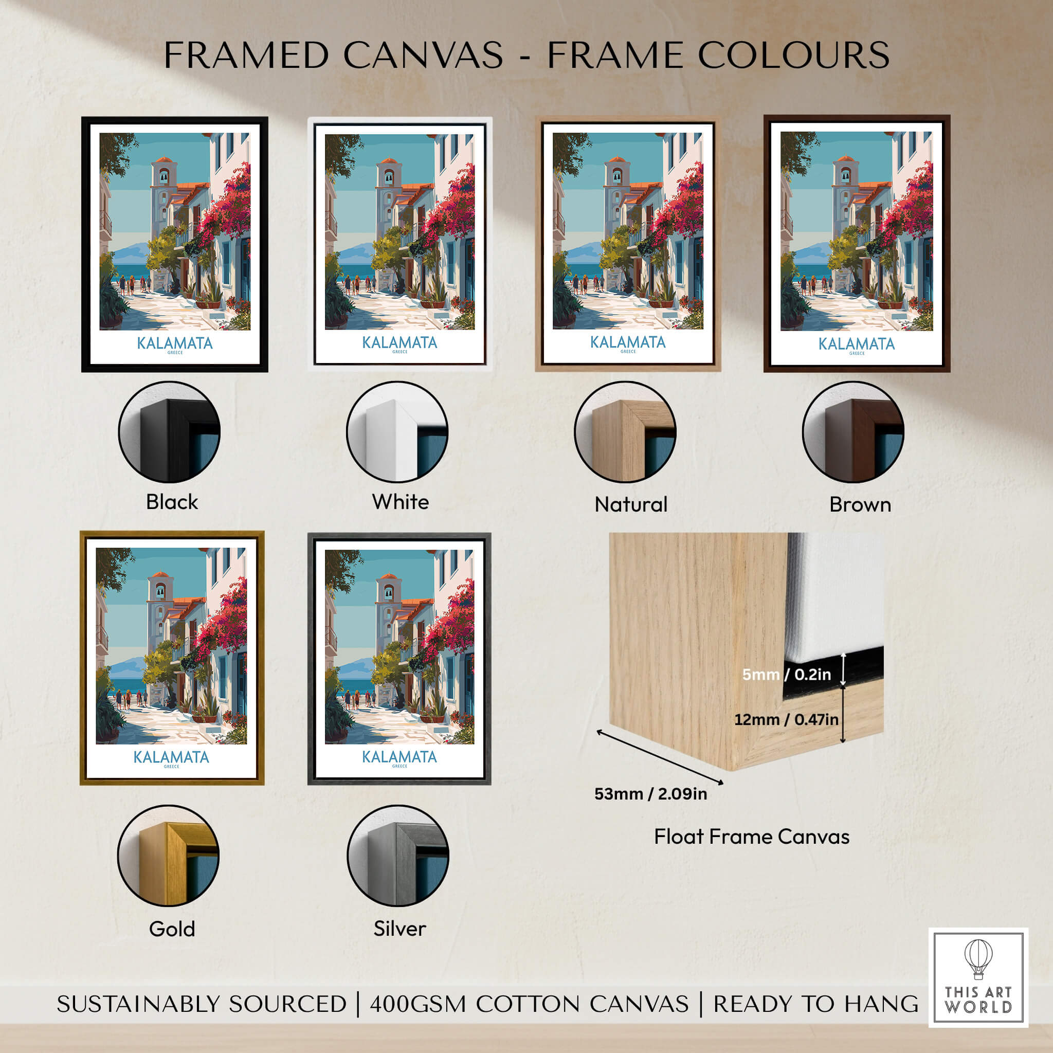 Kalamata Greece Canvas Print | Traditional Greek Village Scene Poster framed color options display.