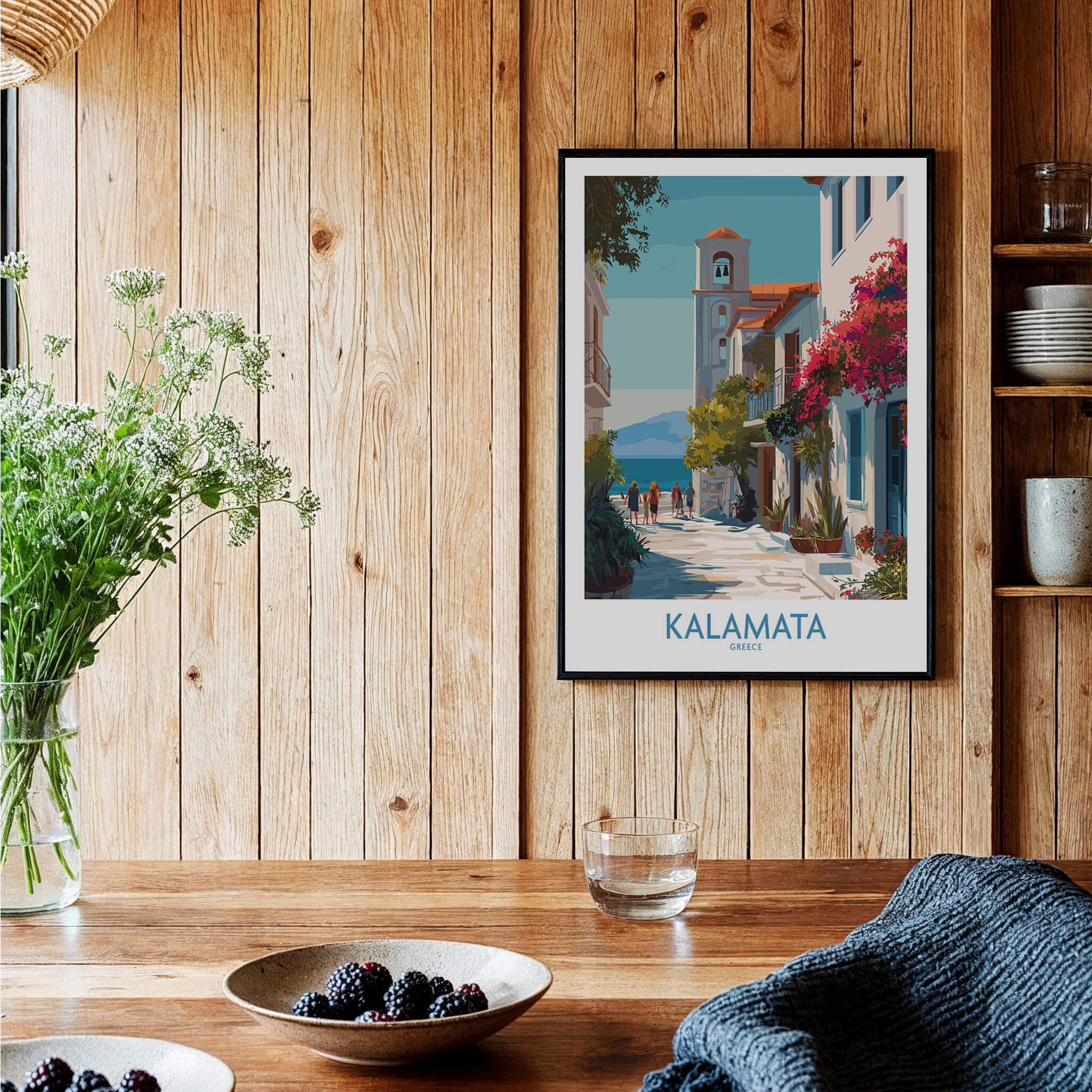 Kalamata Greece Canvas Print | Traditional Greek Village Scene Poster displayed in a cozy wooden kitchen.