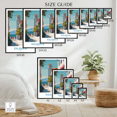 Kalamata Greece Canvas Print | Traditional Greek Village Scene Poster size guide showcasing various frame sizes.