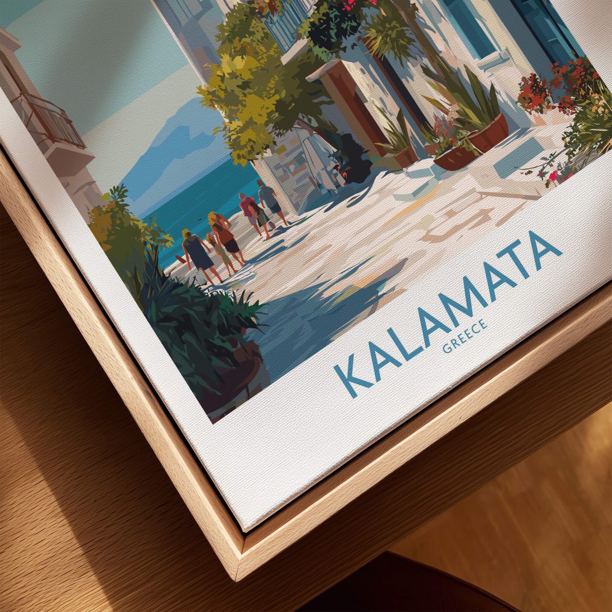 Kalamata Greece Canvas Print | Traditional Greek Village Scene Poster showcasing a vibrant seaside street.