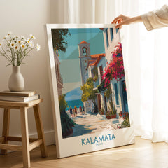 Kalamata Greece Canvas Print | Traditional Greek Village Scene Poster showcasing a picturesque street with vibrant flowers.