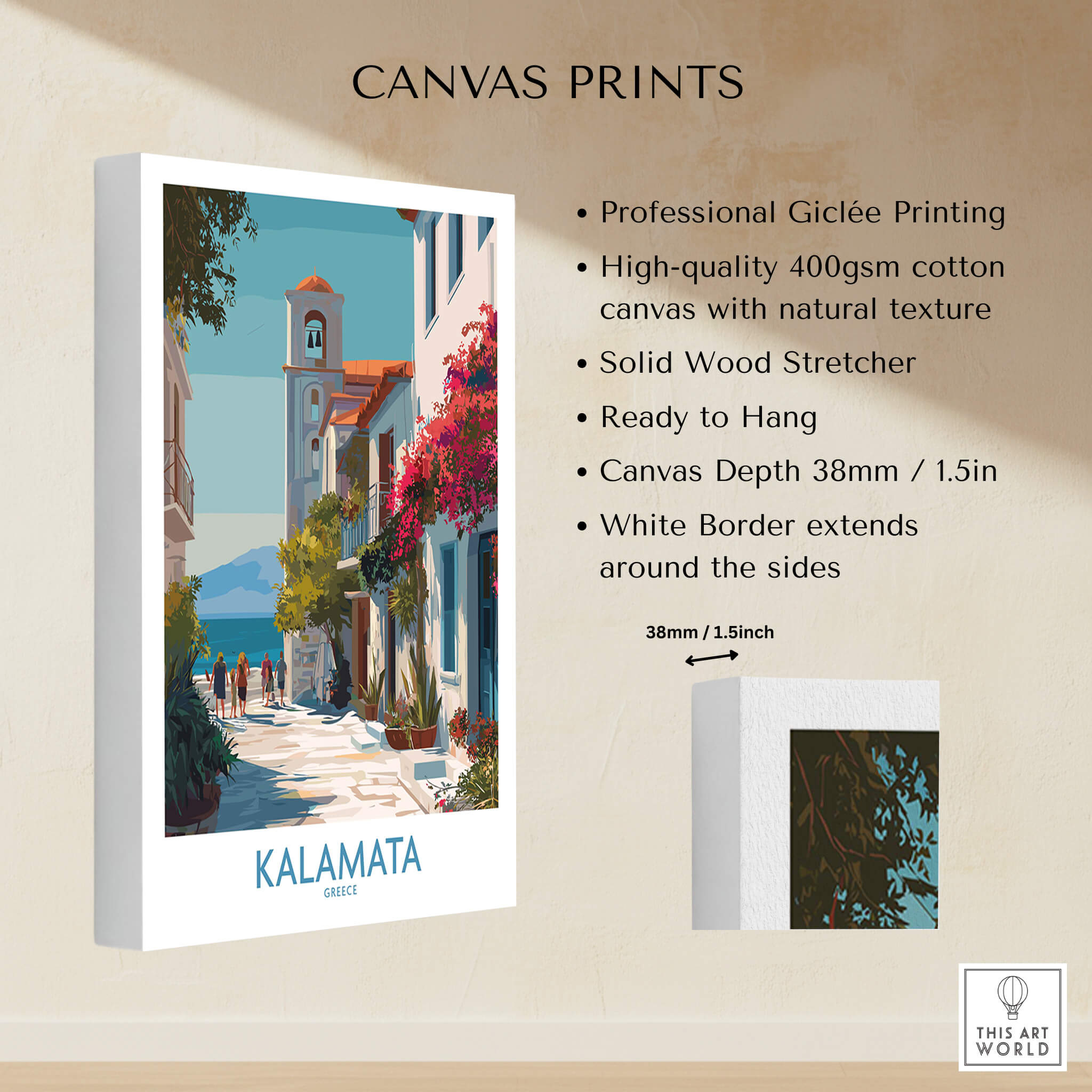 Kalamata Greece Canvas Print | Traditional Greek Village Scene Poster showcasing Giclée printing and high-quality canvas.