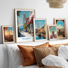 Kalamata Greece Canvas Print | Traditional Greek Village Scene Poster displayed among other city posters in a cozy interior.