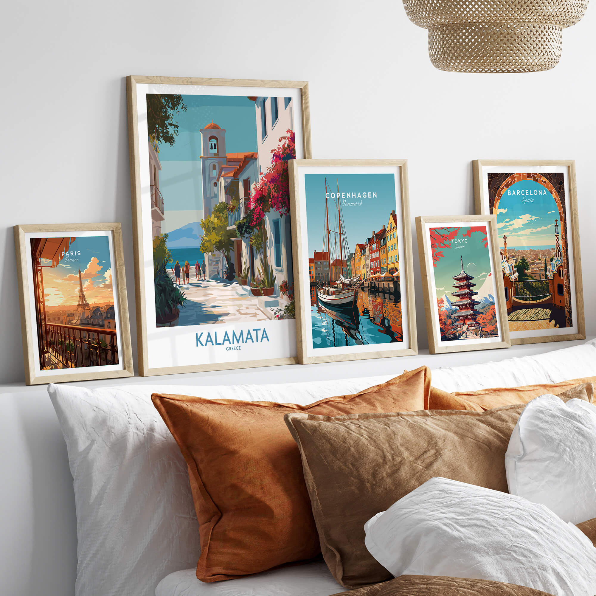 Kalamata Greece Canvas Print | Traditional Greek Village Scene Poster displayed among other city posters in a cozy interior.