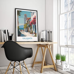Kalamata Greece Canvas Print | Traditional Greek Village Scene Poster displayed in a modern home office setting.