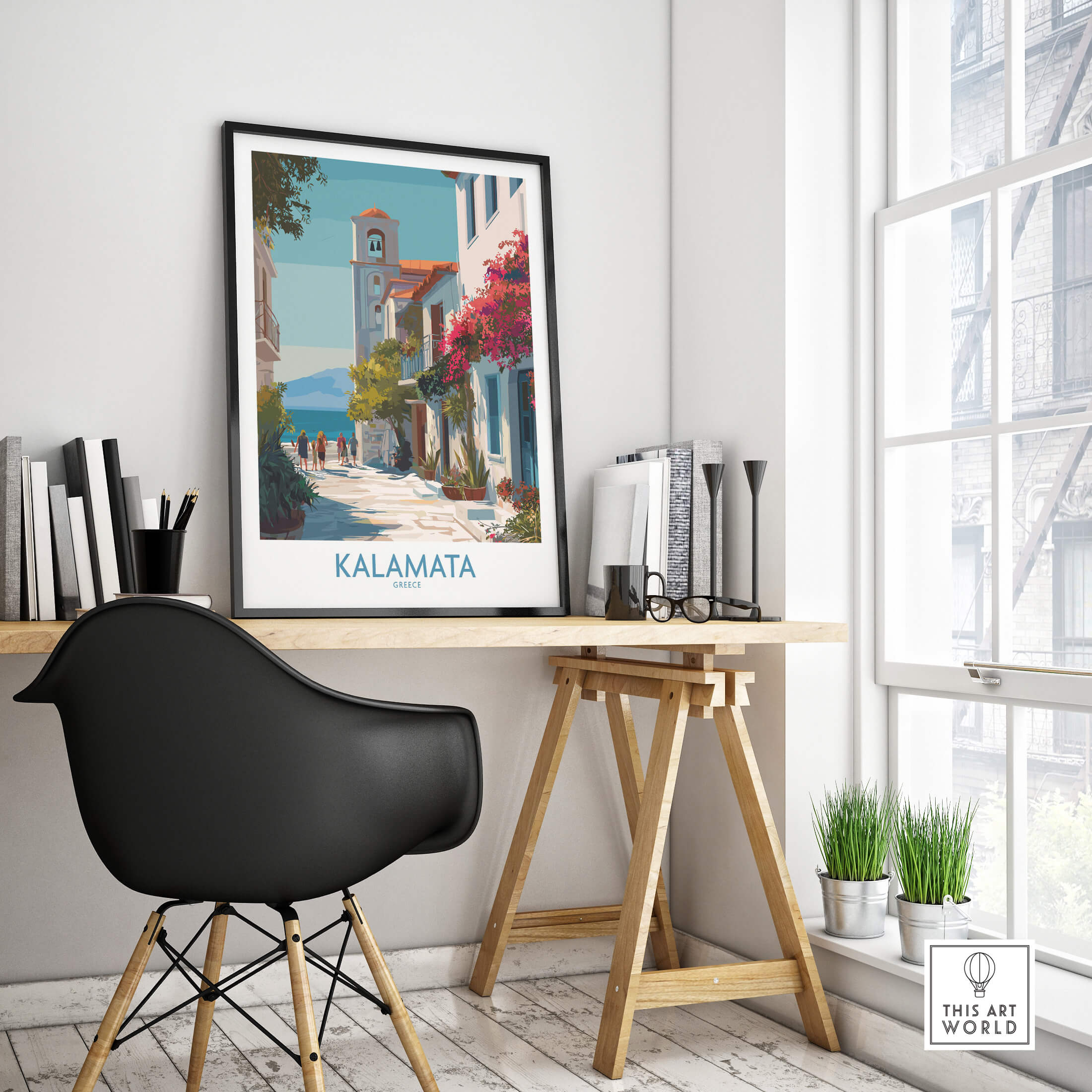 Kalamata Greece Canvas Print | Traditional Greek Village Scene Poster displayed in a modern home office setting.