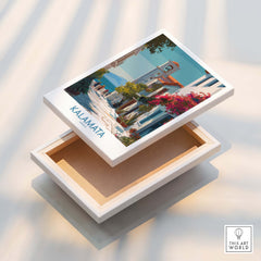 Kalamata Greece Canvas Print | Traditional Greek Village Scene Poster on a box with vibrant artwork