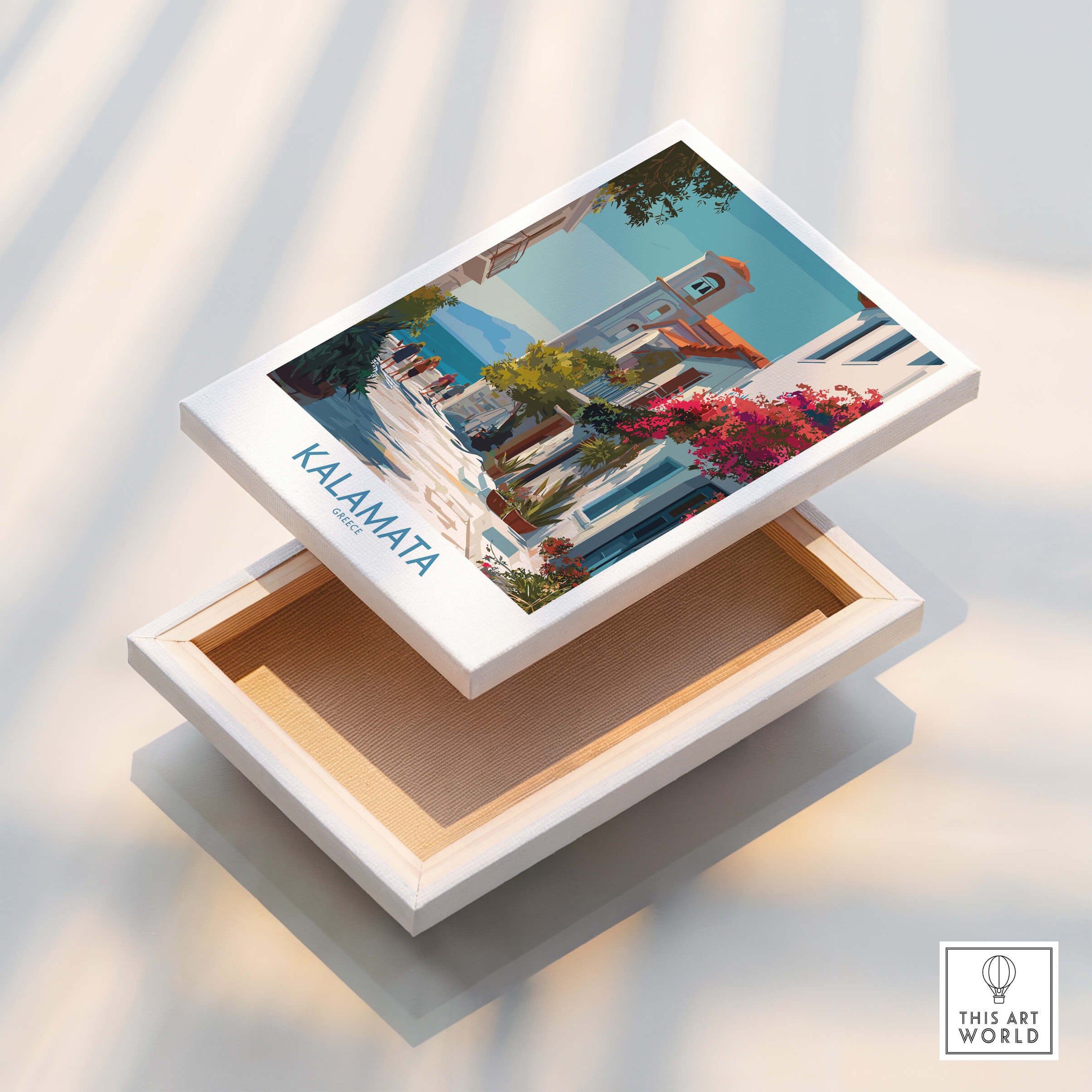 Kalamata Greece Canvas Print | Traditional Greek Village Scene Poster on a box with vibrant artwork