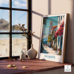 Kalamata Greece Canvas Print | Traditional Greek Village Scene Poster displayed by a window with a beach view.