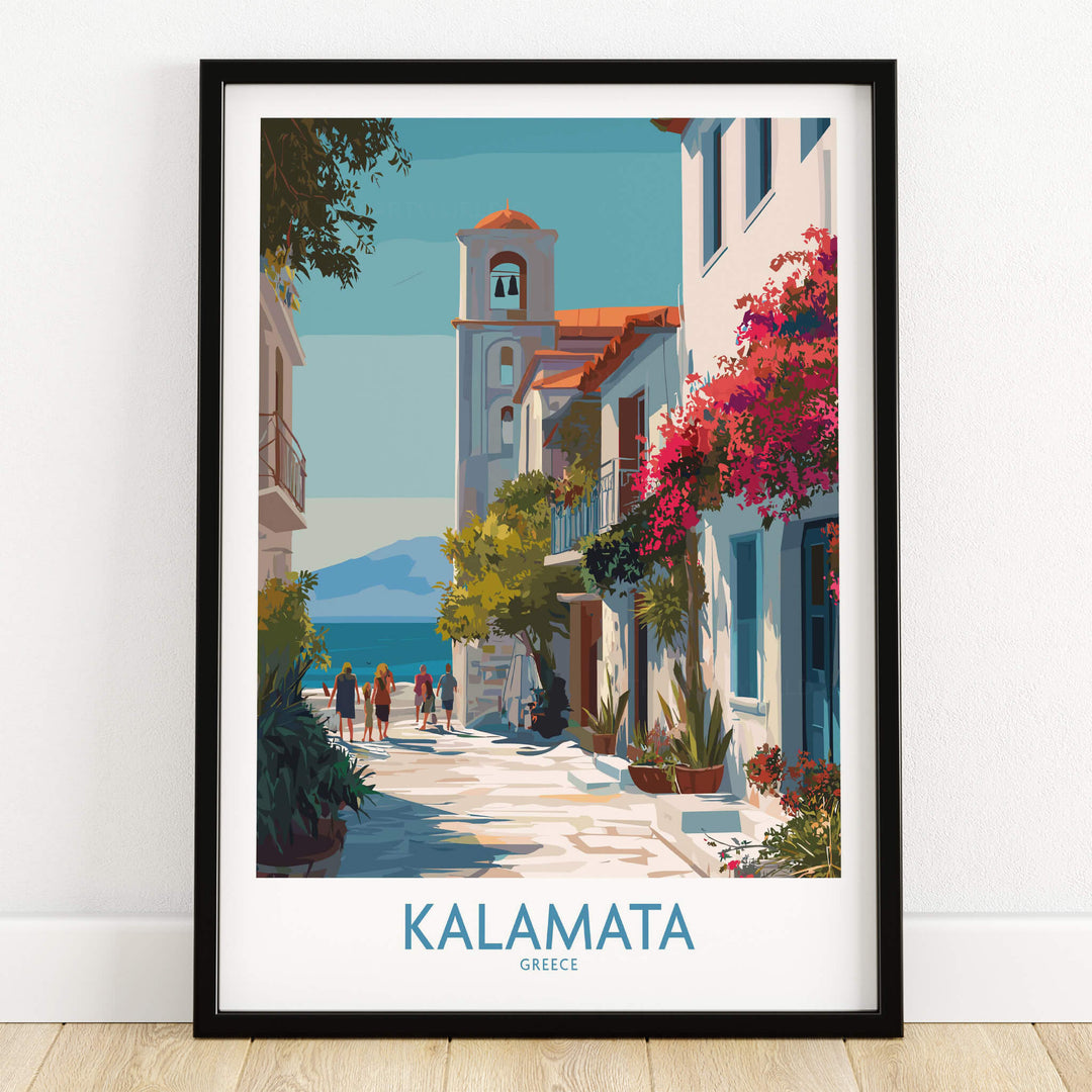 Kalamata Greece Canvas Print | Traditional Greek Village Scene Poster showcasing vibrant street life and architecture.