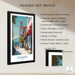 Kalamata Greece Canvas Print | Traditional Greek Village Scene Poster displayed in a black wooden frame.