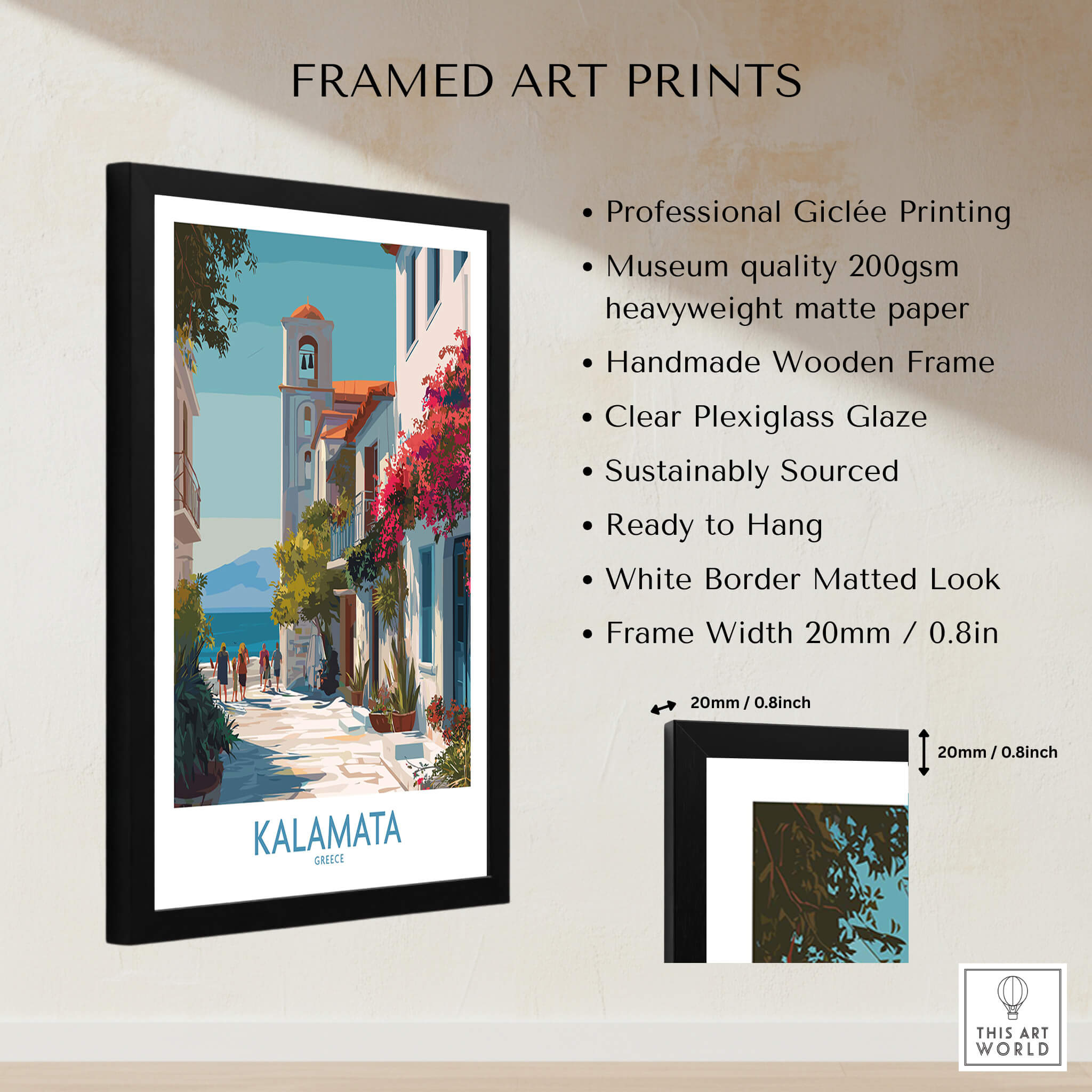 Kalamata Greece Canvas Print | Traditional Greek Village Scene Poster displayed in a black wooden frame.