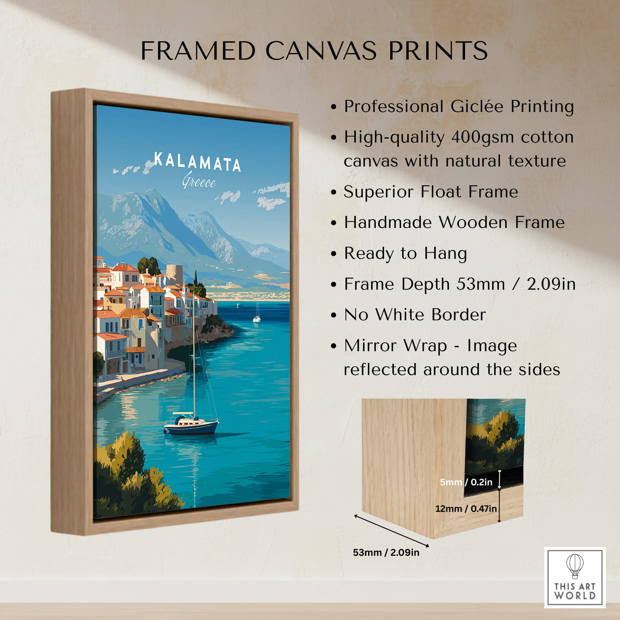 Kalamata Greece Wall Art Print | Harbor & Mountain Landscape Travel Poster with wooden frame and Giclée printing.