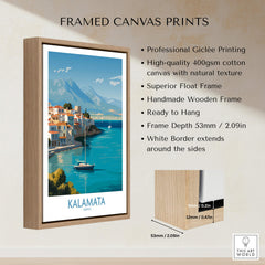 Kalamata Greece Poster | Scenic Bay & Sailing Scene Canvas Print framed with high-quality wood and professional Giclée printing.