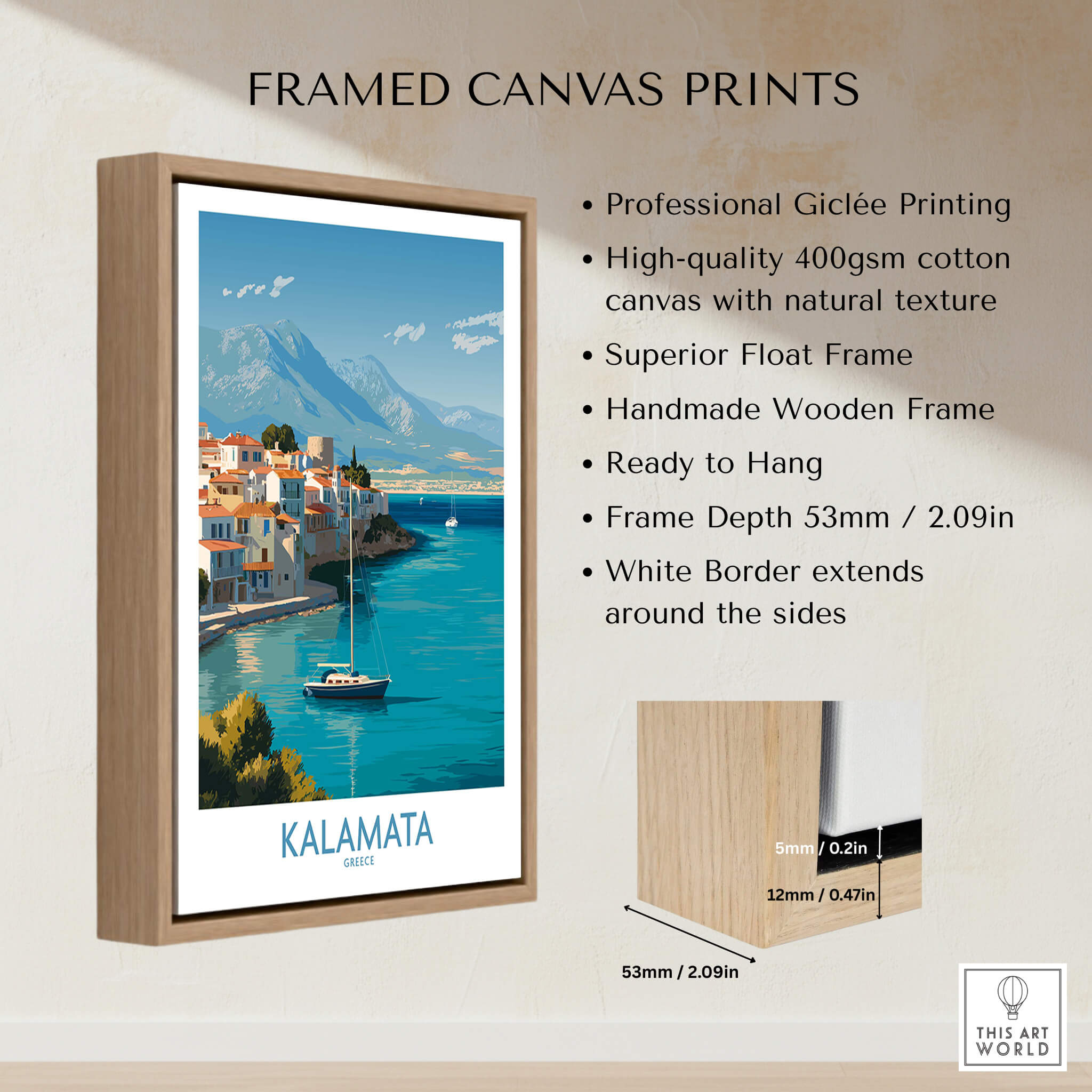 Kalamata Greece Poster | Scenic Bay & Sailing Scene Canvas Print framed with high-quality wood and professional Giclée printing.