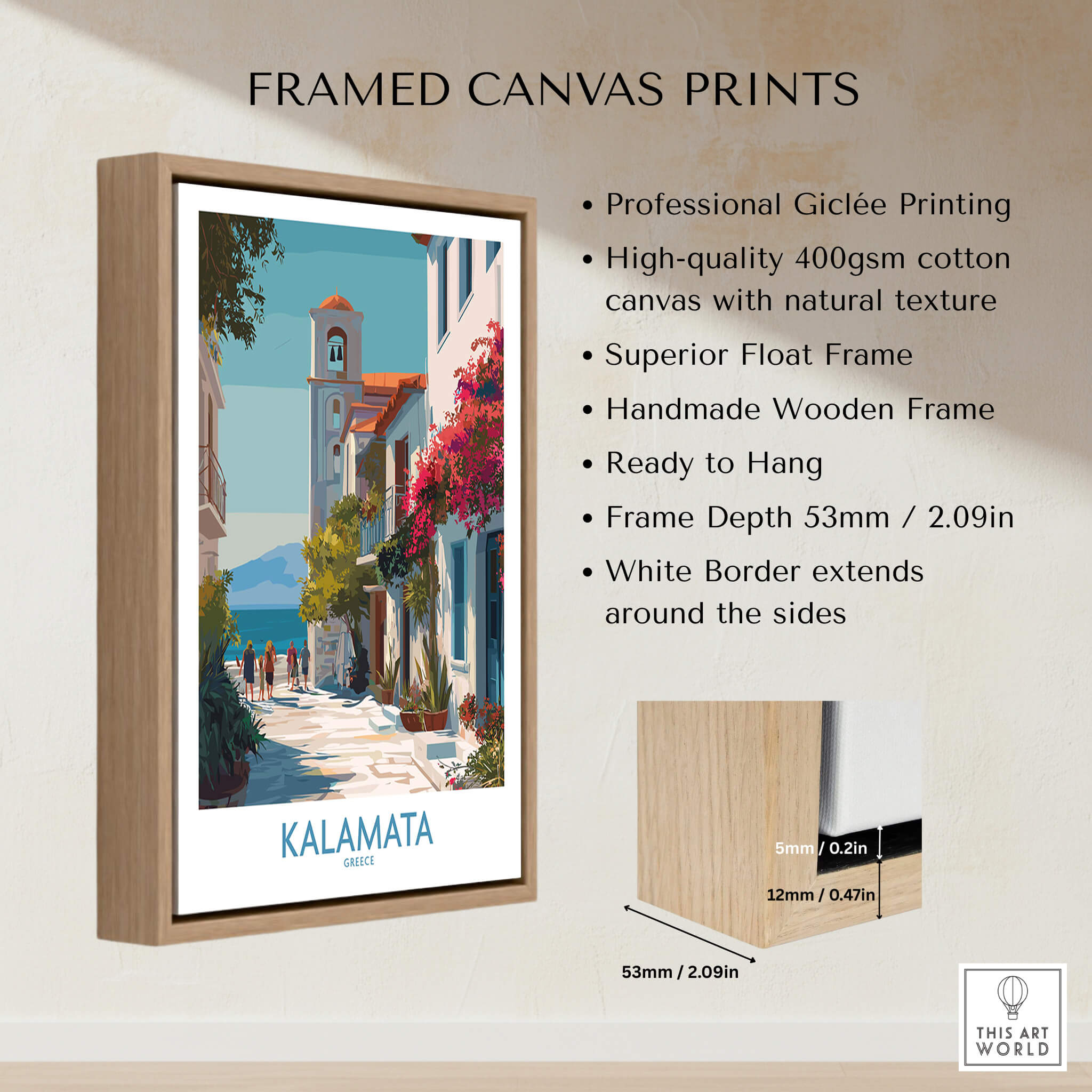 Kalamata Greece Canvas Print | Traditional Greek Village Scene Poster framed with a wooden border, ready to hang and beautifully printed.