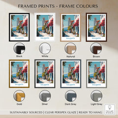 Kalamata Greece Canvas Print | Traditional Greek Village Scene Poster framed print color options display including black, white, natural, brown, gold, silver, dark grey, light grey.