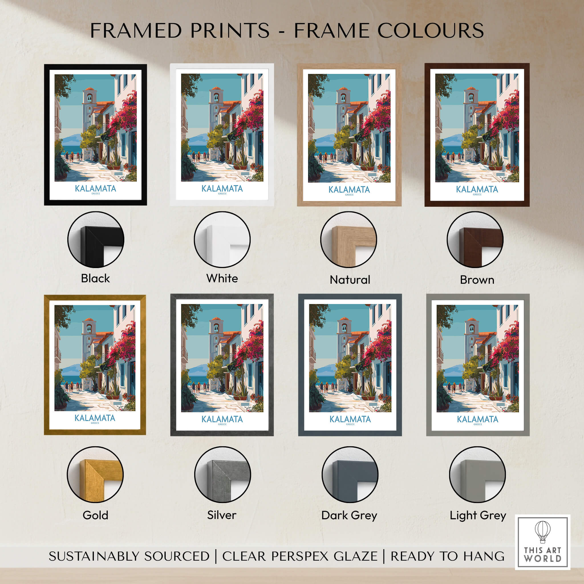 Kalamata Greece Canvas Print | Traditional Greek Village Scene Poster framed print color options display including black, white, natural, brown, gold, silver, dark grey, light grey.