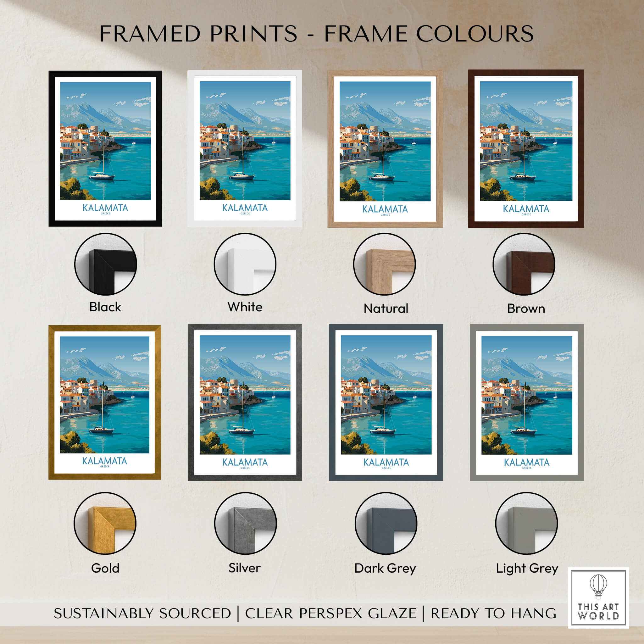 Kalamata Greece Poster | Scenic Bay & Sailing Scene Canvas Print framed in various color options.