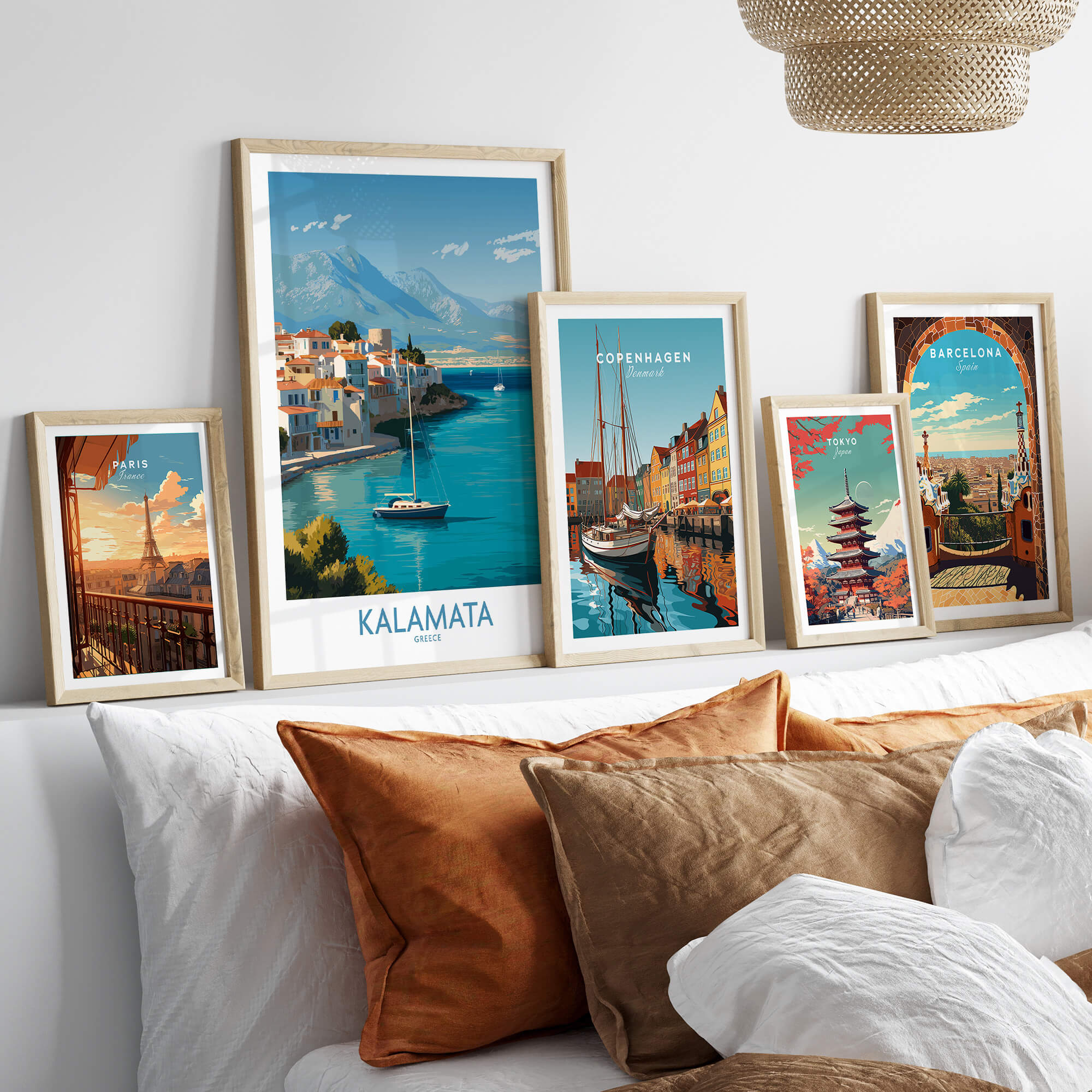 Kalamata Greece Poster | Scenic Bay & Sailing Scene Canvas Print displayed on a stylish shelf with other city posters.