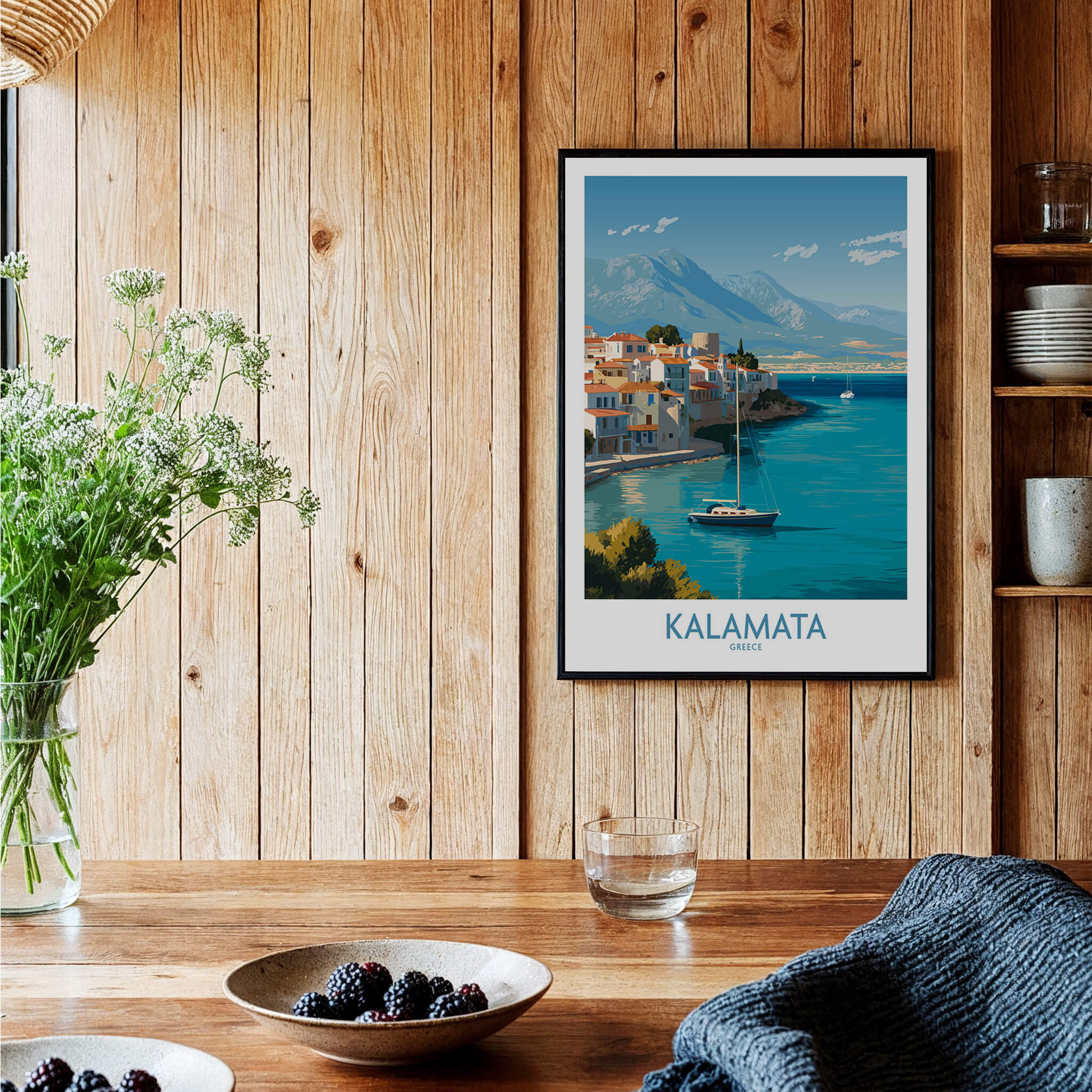 Kalamata Greece Poster | Scenic Bay & Sailing Scene Canvas Print displayed in a cozy interior setting.