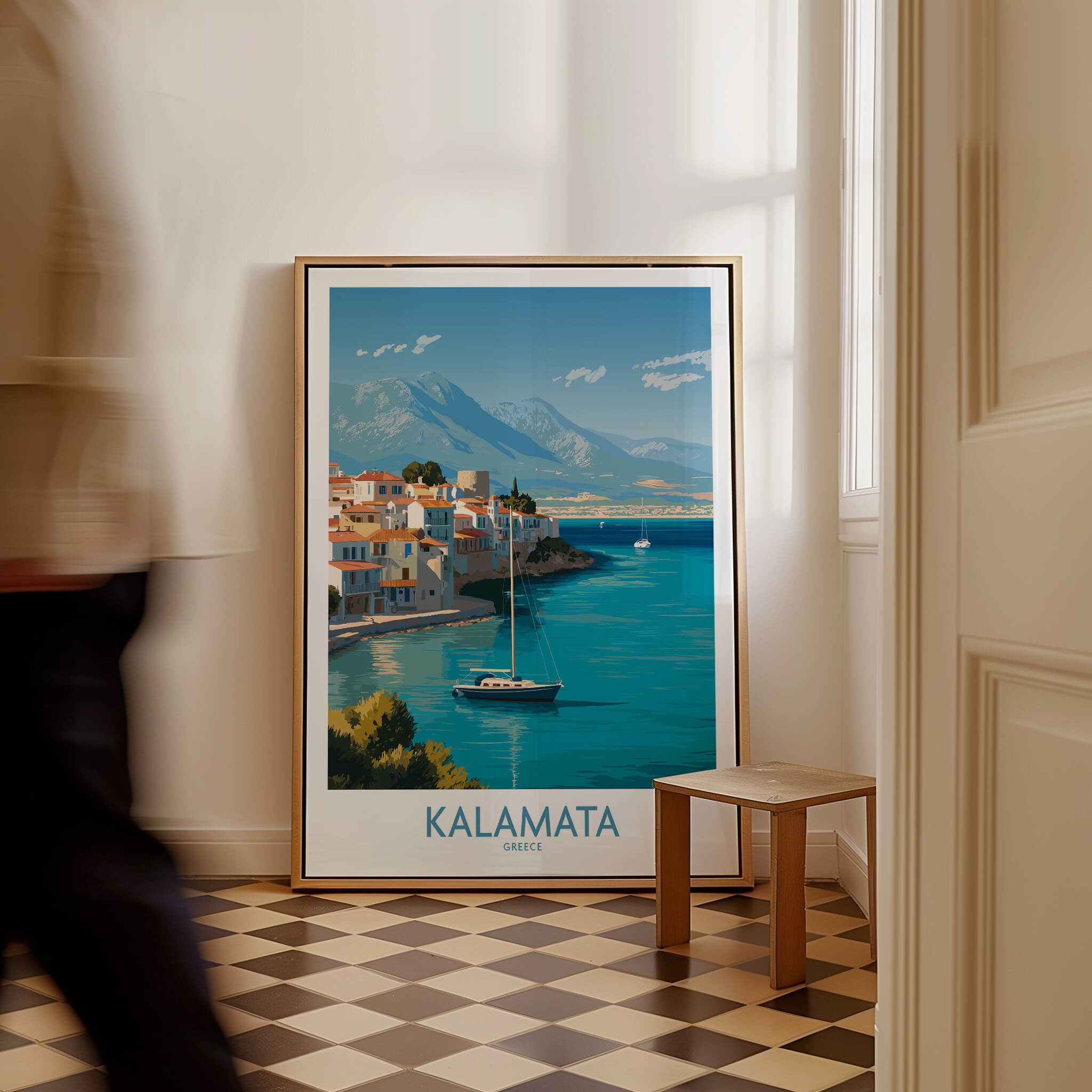 Kalamata Greece Poster | Scenic Bay & Sailing Scene Canvas Print displayed in a stylish interior with coastal view.