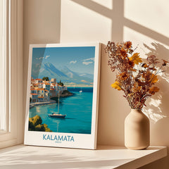 Kalamata Greece Poster | Scenic Bay & Sailing Scene Canvas Print displayed in a bright room with flowers.