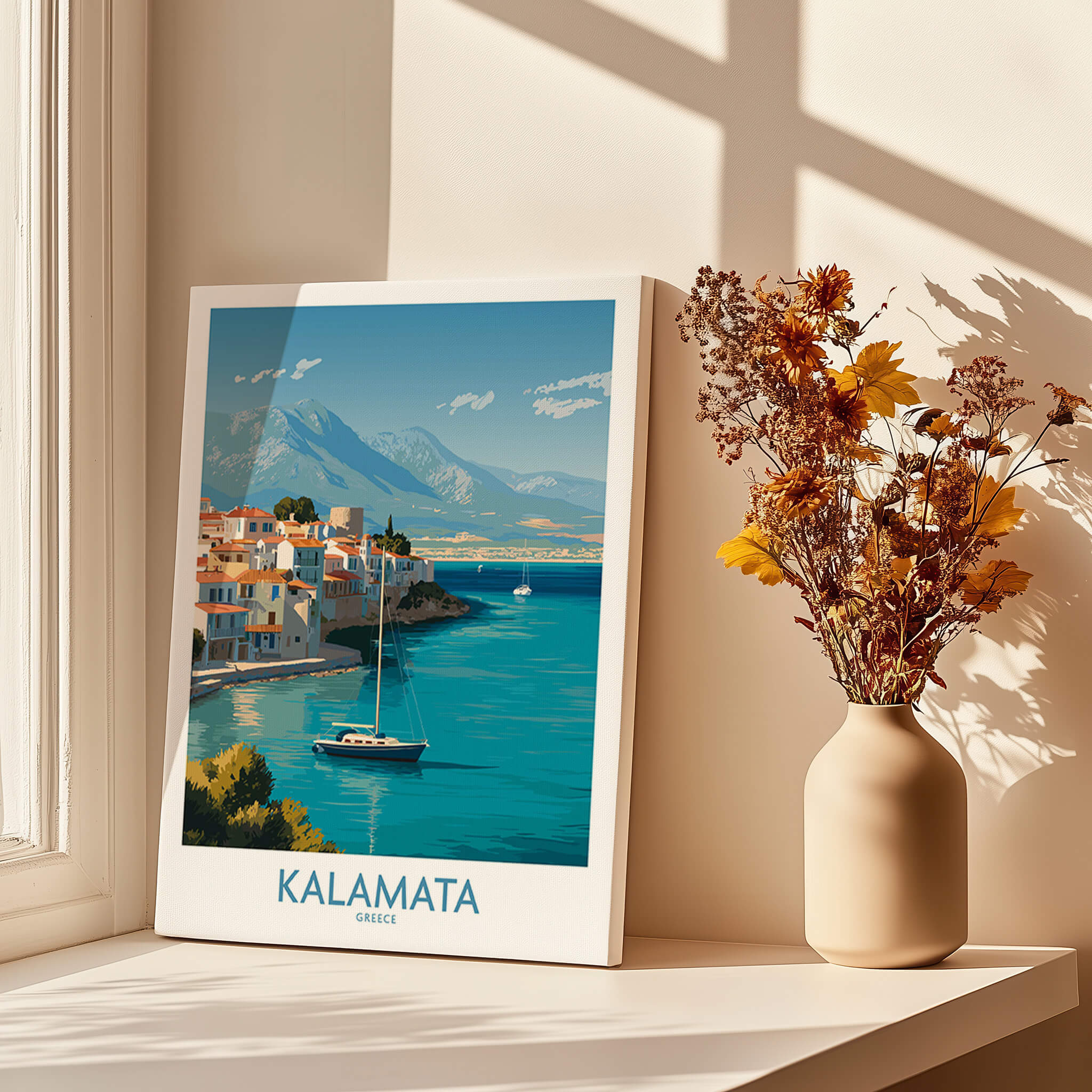 Kalamata Greece Poster | Scenic Bay & Sailing Scene Canvas Print displayed in a bright room with flowers.