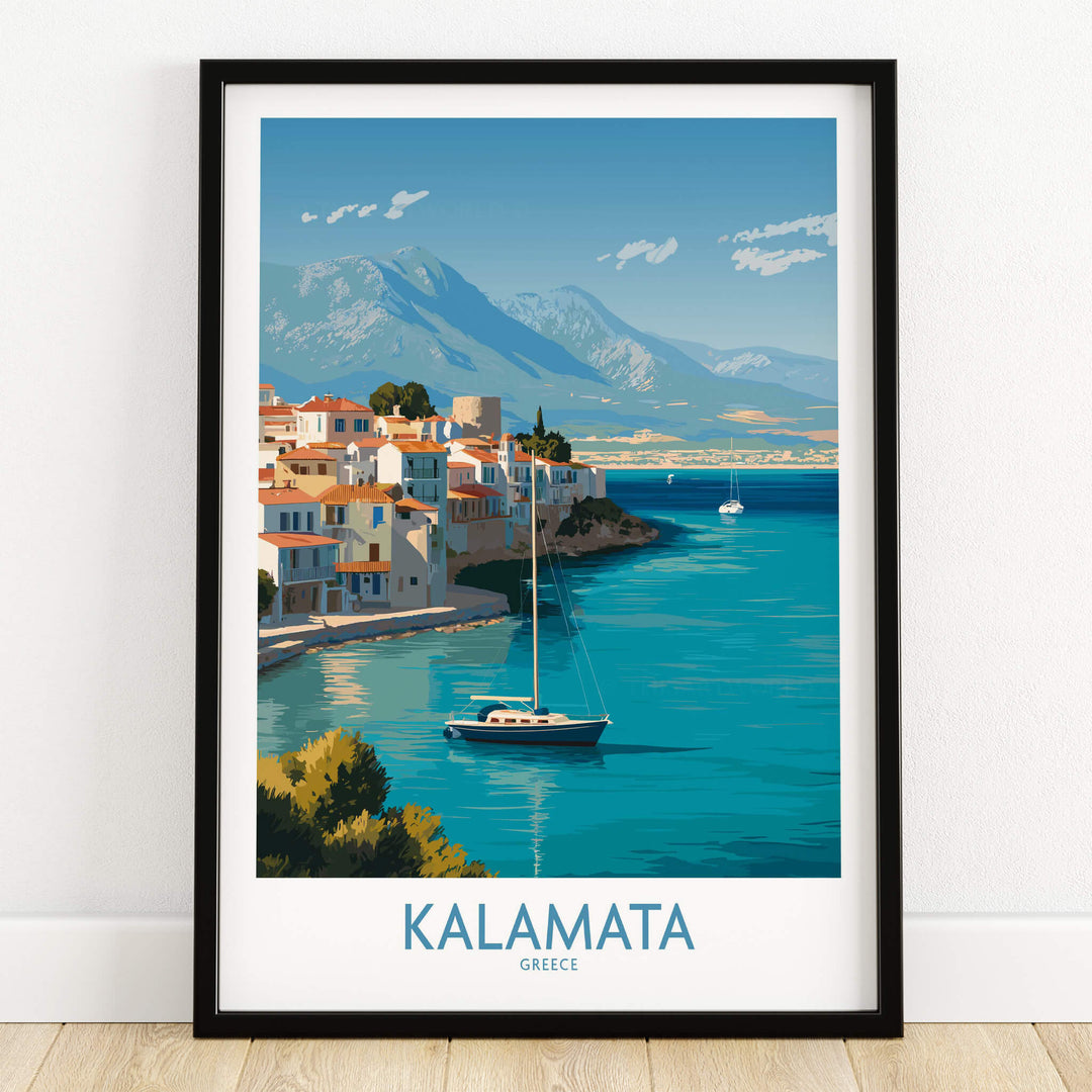 Kalamata Greece Poster | Scenic Bay & Sailing Scene Canvas Print featuring a sailboat in Kalamata's vibrant bay.
