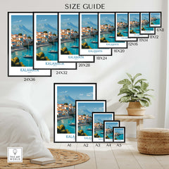 Kalamata Greece Poster | Scenic Bay & Sailing Scene Canvas Print size guide with multiple framed options.