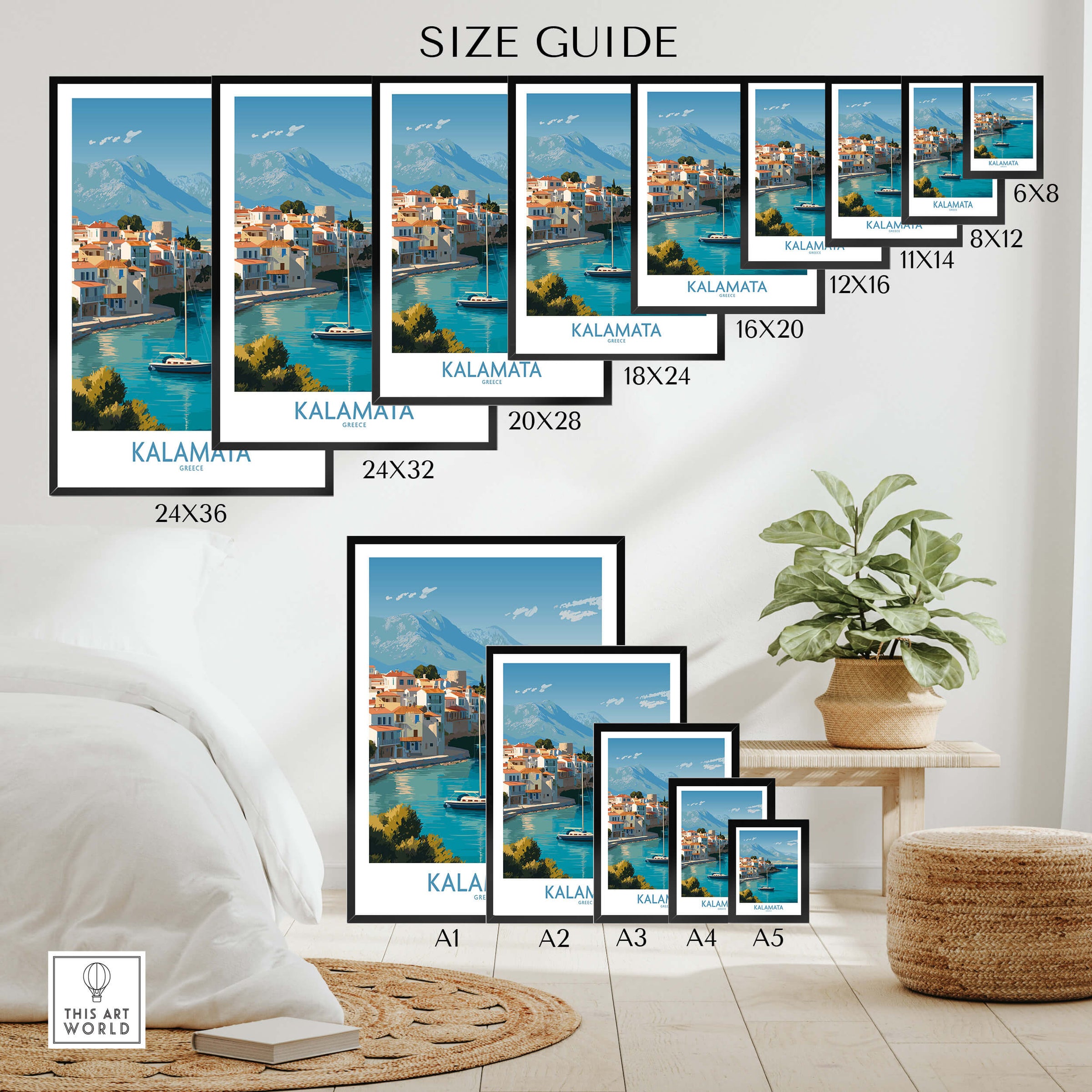 Kalamata Greece Poster | Scenic Bay & Sailing Scene Canvas Print size guide with multiple framed options.