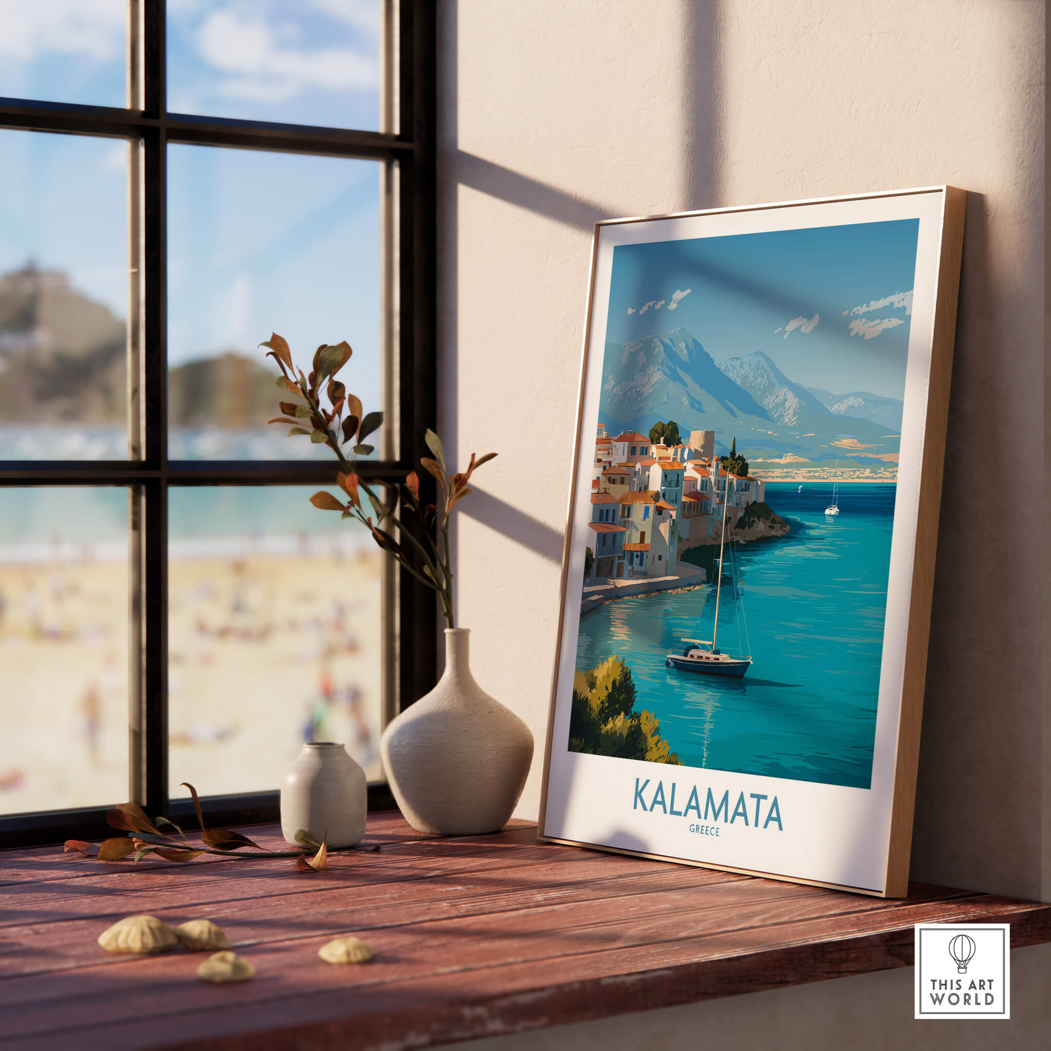 Kalamata Greece Poster | Scenic Bay & Sailing Scene Canvas Print displayed in a home setting with coastal views.