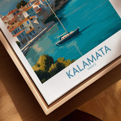 Kalamata Greece Poster | Scenic Bay & Sailing Scene Canvas Print displayed on wooden frame.