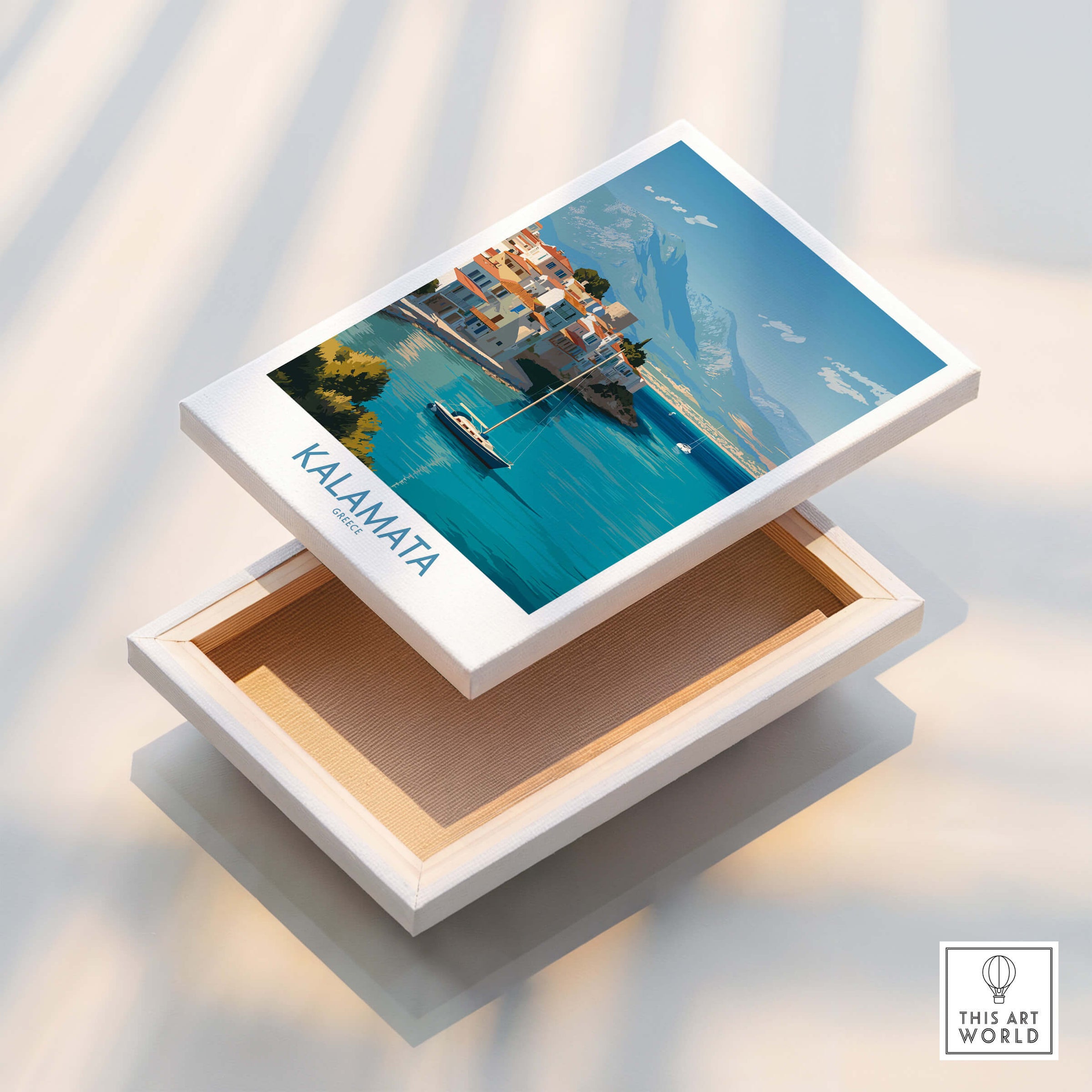 Kalamata Greece Poster | Scenic Bay & Sailing Scene Canvas Print on a decorative box showcasing the coastal view.