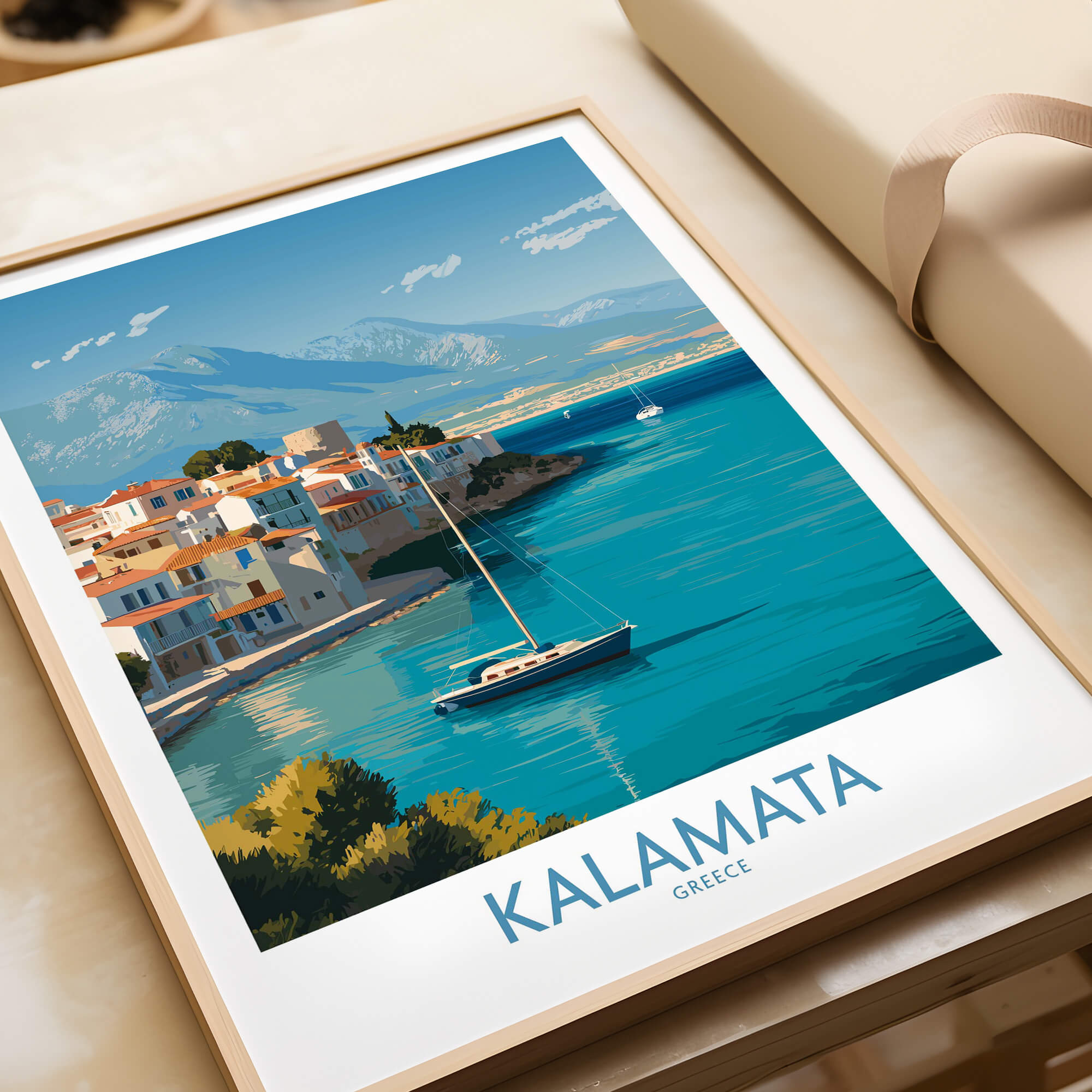 Kalamata Greece Poster | Scenic Bay & Sailing Scene Canvas Print featuring a serene bay and sailboat.